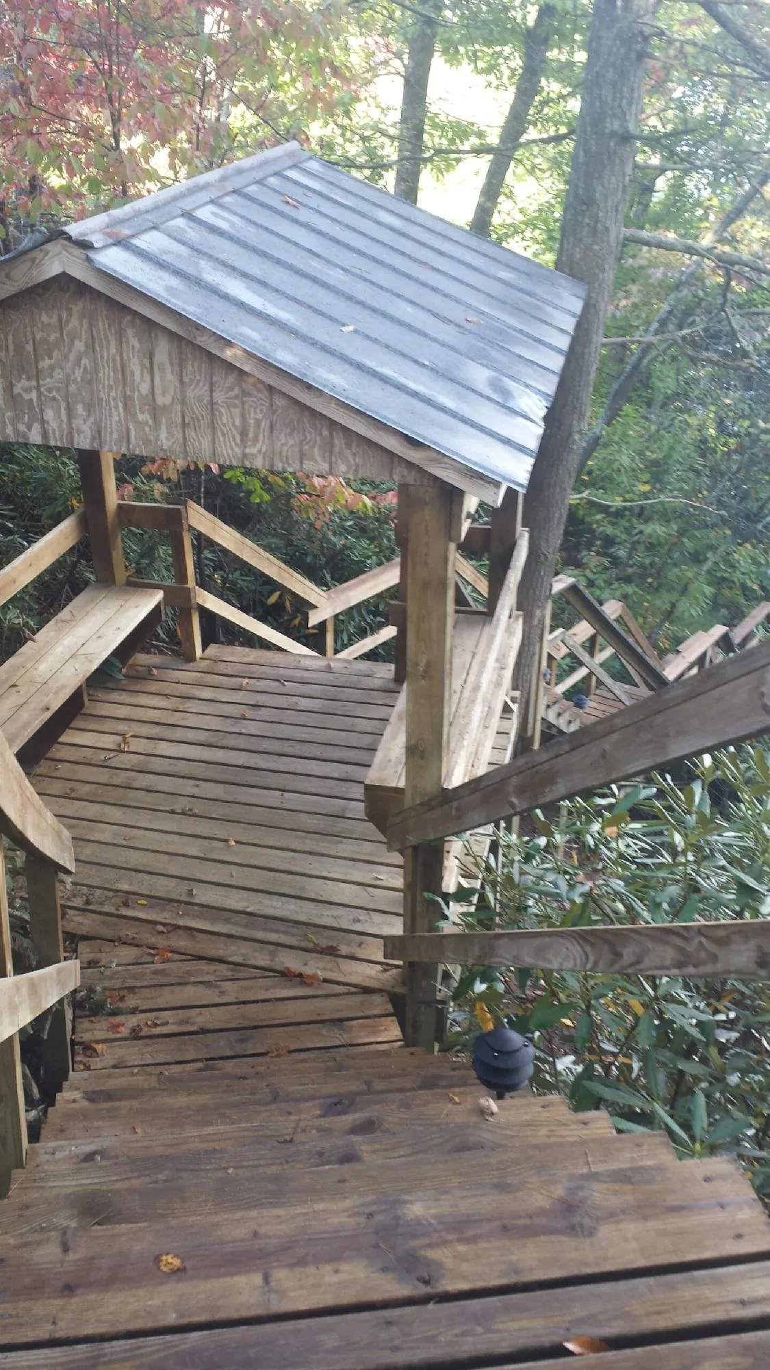 Metal roofed shelter over wooden steps on a wooded walkway — Skylight Repair & Installation work by our crew in Springfield